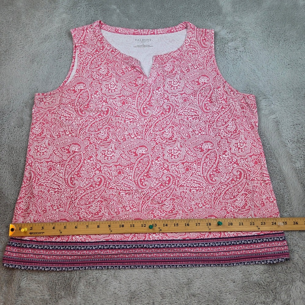 Talbots Sleeveless Knit Top Womens 1X Paisley Split Neck Cotton Pink White Print